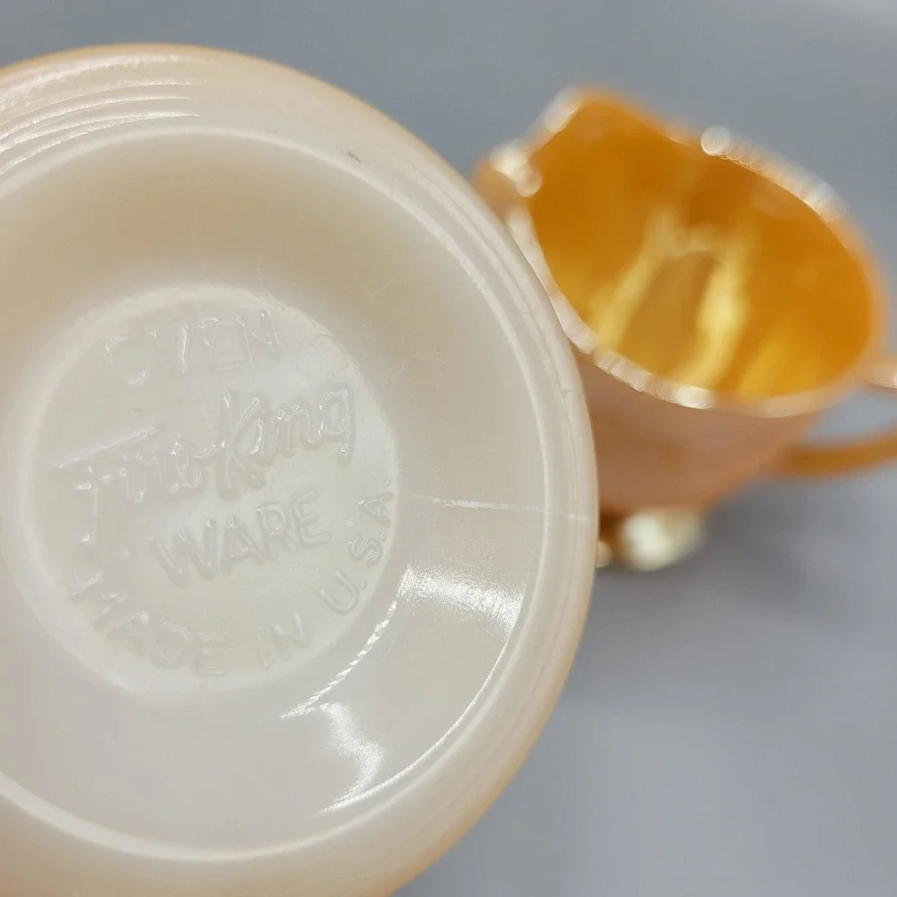 Vintage Orange Lustre Fire King Creamer & Sugar Set Laurel Leaf Glass Oven Ware
